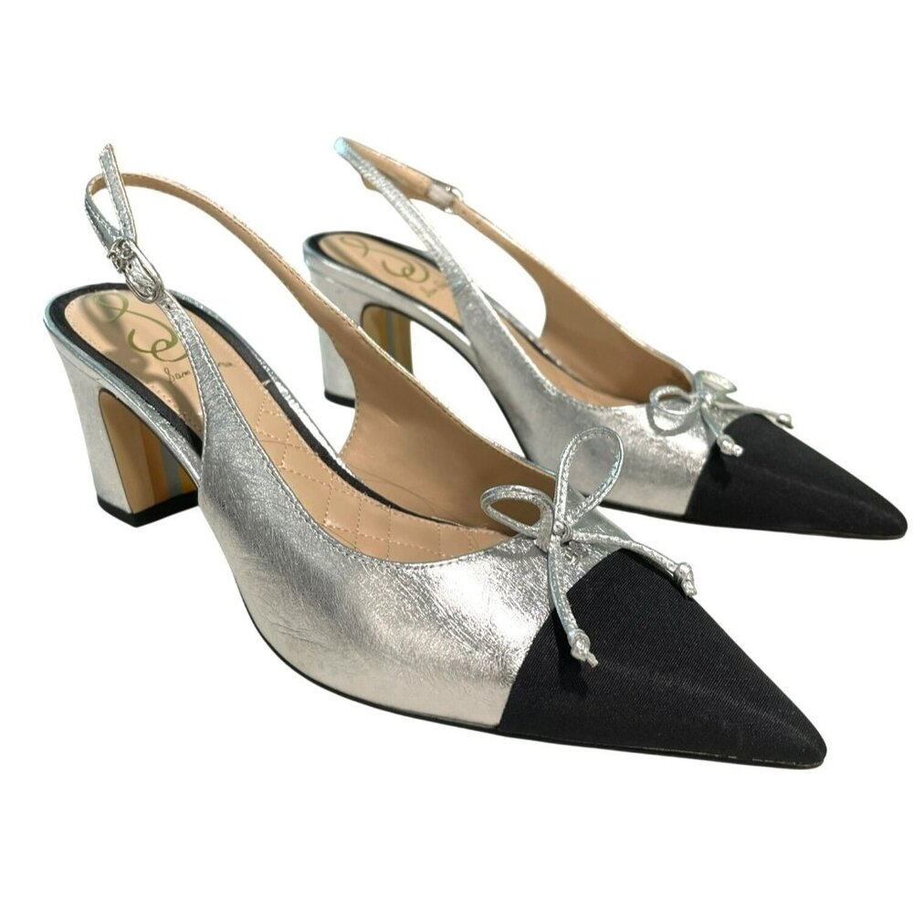 Sam Edelman Willette 65MM Metallic black Silver Slingback Pumps 7.5